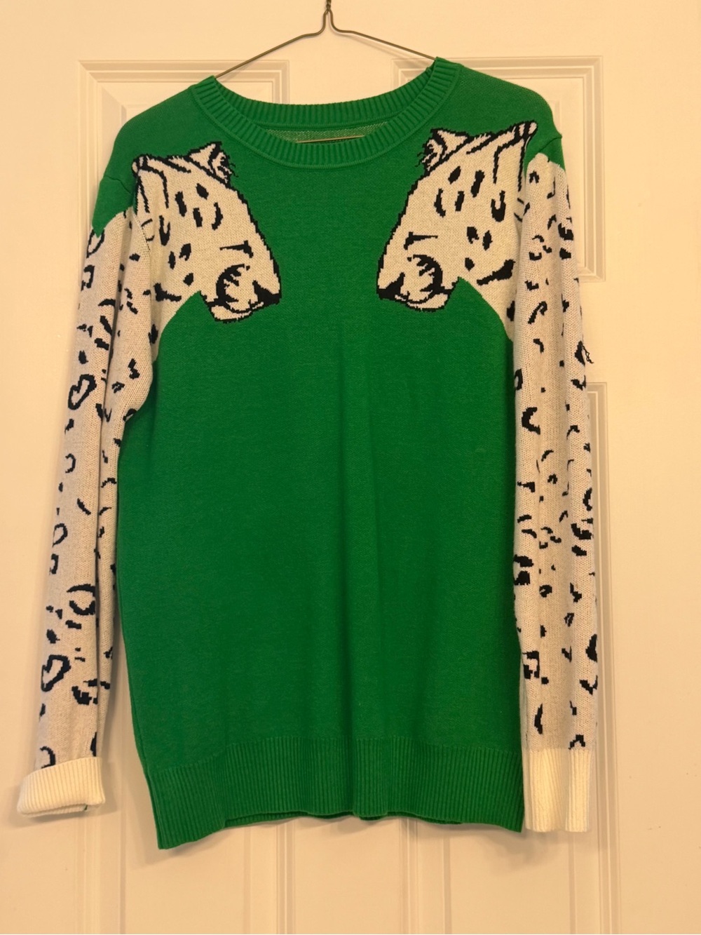 Source Unknown Green Crewneck Sweater with White Leopard Sleeves